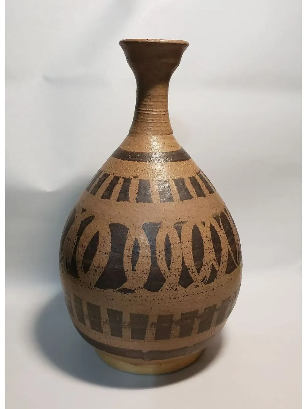Artist Signed Art Pottery Vase Tall Narrow Neck Brown Pattern Glaze